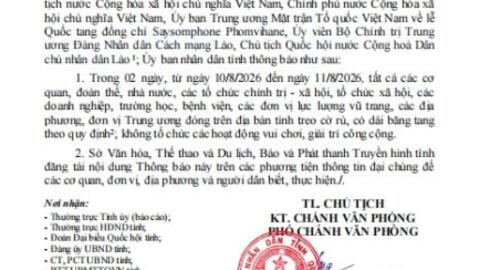 THÔNG BÁO  Về việc để tang đồng chí Saysomphone Phomvihane, Ủy viên Bộ Chính trị  Trung ương Đảng Nhân dân Cách mạng Lào, Chủ tịch Quốc hội nước  Cộng hoà Dân chủ nhân dân Lào theo nghi thức Quốc tang